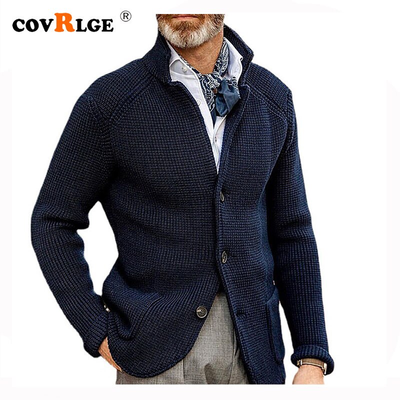 Covrlge Solid Color Autumn Winter New Men&s Stand-up Cardigan Long-sleeved Thick Sweater Thickened Knit Coat Trendy 